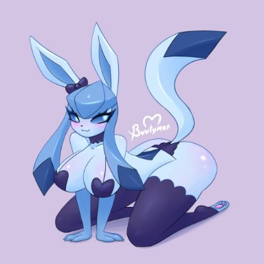 game freak, nintendo, pokemon, eeveelution, glaceon, buutymon, 1girls, anthro, ass, big breasts, blue skin, breasts, humanized, lingerie, tagme