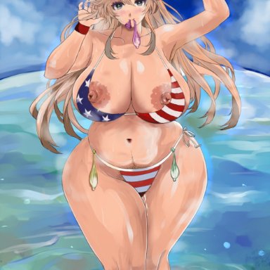 original, emino, 1girls, american flag bikini, armpits, ass, beach, belly, belly button, big breasts, bikini, bikini bottom, bikini lift, bikini top, bimbo