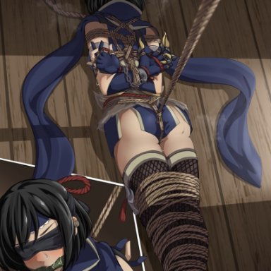 monster hunter rise, hunter (monster hunter), kamura (armor), kanie did, 1girls, bit gag, black hair, blindfold, bondage, captured, crotch rope, drool, drooling, gag, gagged