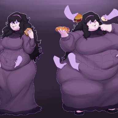 pokemon, hex maniac, exponentialmass, bbw, belly, big ass, big belly, big breasts, black hair, blue eyes, breasts, burger, chicken meat, chubby, chubby cheeks