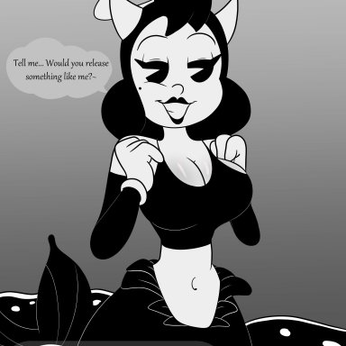 bendy and the dark revival, bendy and the ink machine, patreon, twitter, alice angel, beanontoast, 1girls, 4 fingers, angel, armwear, ass, bare midriff, bare shoulders, beauty mark, bedroom eyes