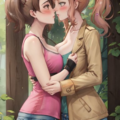 pokemon, shauna (pokemon), sonia (pokemon), longjohnsingleduct, 2girls, blush, breast press, brown hair, collarbone, eyewear on head, female, female only, forest, forest background, from side