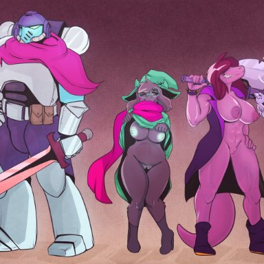 deltarune, undertale (series), warhammer (franchise), warhammer 40k, kris (deltarune), kris female (deltarune), ralsei, ralsei with black fur, space marine, susie (deltarune), karakylia, 1boy, 2girls, exposed pussy, fun gang