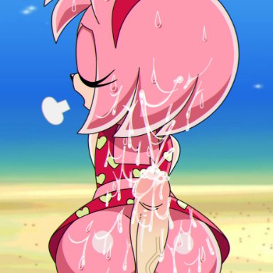 sonic (series), sonic the hedgehog (series), sonic x, amy rose, theradger-457, 1boy, 1boy1girl, beach, buttjob, closed eyes, cum, cum on back, eyelashes, female, furry