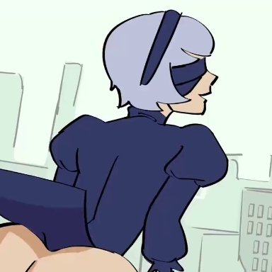 nier: automata, platinum games, square enix, yorha 2b, whiteflagman, anus, ass, big breasts, dark-skinned male, dress, going commando, hairband, large ass, mask, penis