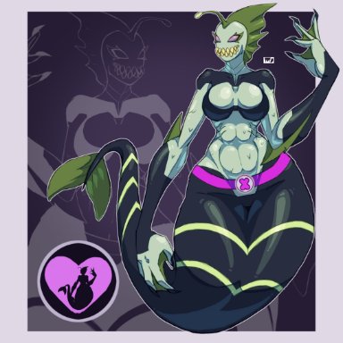 ben 10, chaquetrix, piscciss volann, ripjaws, averag3artist18, abs, alien girl, belt, blue skin, cleavage, fish girl, heart, large breasts, looking at viewer, membrane (anatomy)