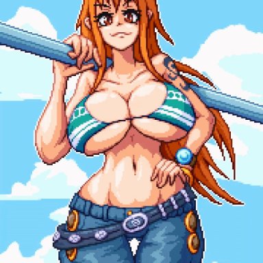 one piece, shounen jump, nami, nami (one piece), j.raido, 1girls, big breasts, big hipped, big hips, bikini top, breasts, female, female focus, female only, hips