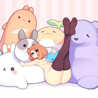 original, luna (fizintine), original character, fizintine, black legwear, feet up, huge ass, looking down, lying, lying on back, massive thighs, medium breasts, mostly nude, mostly nude female, plushie