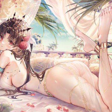 fate (series), fate/grand order, ishtar (fate), chiachun0621, ass, black hair, bubble butt, flowers in hair, harem girl, harem outfit, large breasts, loincloth, long hair, looking at viewer, looking back