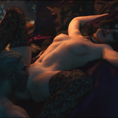 the witcher (series), the witcher 3: wild hunt, geralt of rivia, yennefer, tomoganim, 1boy, black hair, breasts, canon couple, cunnilingus, eating pussy, female, light-skinned male, male, nipples