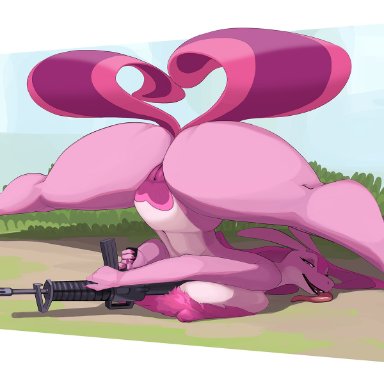 palworld, pocketpair, lovander, pal (species), magnetus, anthro, ass, ass up, big breasts, big butt, breasts, female, genitals, gun, huge breasts