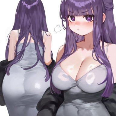 sousou no frieren, fern (sousou no frieren), foolish potato, 1girls, ass, blush, breasts, cleavage, dress, female, female only, large breasts, looking at viewer, pout, purple eyes
