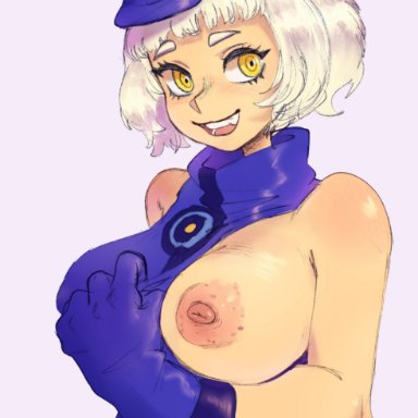 persona, persona 3, persona 3 reload, elizabeth (persona), majodawn, areolae, flashing, flashing breasts, light skin, pink nipples, white background, white hair