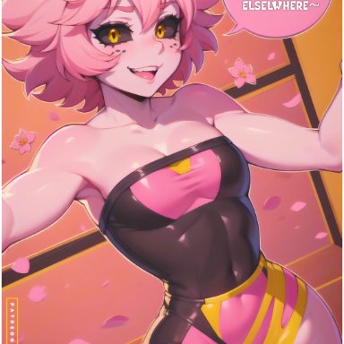 my hero academia, patreon, mina ashido, lewdlumi, abstract background, antlers, armpits, bare shoulders, black sclera, blush, breasts, cleavage, collarbone, female, freckles