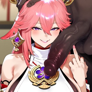 genshin impact, yae miko, tomato cake, 1boy, 1girls, cheating, cuckold, dark-skinned male, fox ears, looking at viewer, middle finger, pink hair, purple eyes, ai generated