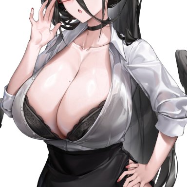 blue archive, trinity general school student, hasumi (blue archive), samart, :o, 1girl, 1girls, alternate costume, beauty mark on breasts, black bra, blush, bra, choker, gigantic breasts, glasses