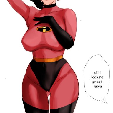 the incredibles, elastigirl, helen parr, jnsdh, big breasts, bodysuit, breasts, brown hair, ear piercing, female, glasses, gloves, large breasts, mature female, superheroine