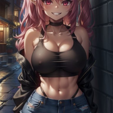 owari no seraph, seraph of the end, krul tepes, gumi arts, alternate body type, alternate breast size, blush, choker, cleavage, covered nipples, denim shorts, grin, large breasts, leather jacket, looking at viewer