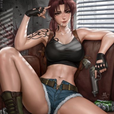 black lagoon, revy, sciamano240, 1girls, abs, arm tattoo, bare belly, bare legs, belly button, belt, big breasts, boots, denim shorts, female, gloves