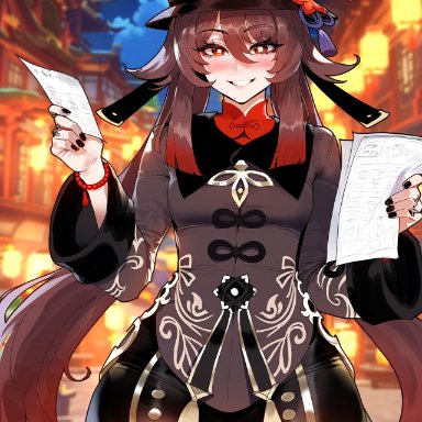 genshin impact, hu tao (genshin impact), floox, 1girls, brown hair, clothed, nail polish, red eyes, symbol-shaped pupils, thick thighs, ai generated