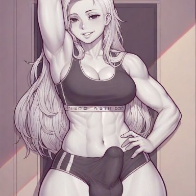 thecoomjurer, abs, armpits, arms up, big breasts, big penis, bulge, cleavage, dickgirl, futanari, gray eyes, gym, gym clothes, hair, hand on hip