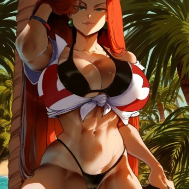 pokemon, jessie (pokemon), twitwit, 1girls, abs, beach, big breasts, earings, female, hair down, pose, red hair, solo, solo female, sunset