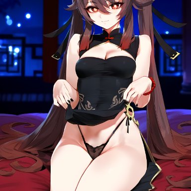 genshin impact, hu tao (genshin impact), 1girls, asian clothing, brown hair, china dress, chinese clothes, panties, red eyes, twintails, ai generated, nai diffusion, stable diffusion