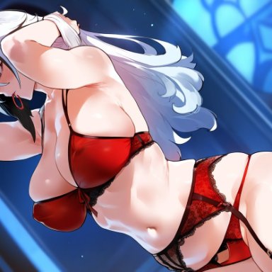 genshin impact, arlecchino (genshin impact), henrik n, garter belt, garter straps, huge breasts, lingerie, solo, thick thighs, tying hair, voyeur, wide hips, ai generated, novelai, thiccwithaq (ai style)