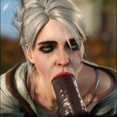 cd projekt red, the witcher (series), the witcher 3: wild hunt, ciri, tomoganim, :&gt;=, 1boy, 1girls, abs, big penis, blowjob, dark skin, dark-skinned male, deep blowjob, eye contact