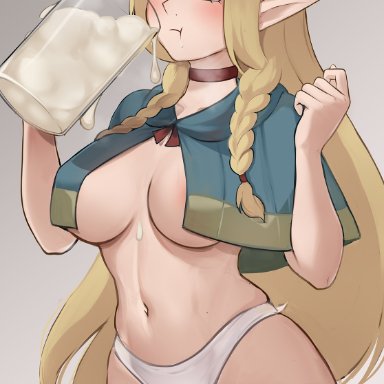 dungeon meshi, marcille donato, hioyami, areola slip, blonde hair, blue capelet, braid, breasts, capelet, cum, cum in container, cum in cup, cup, elf, female