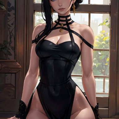 spy x family, yor briar, yor forger, secret room12, big hips, black dress, black hair, blue eyes, breasts, dress, female, female only, front view, long hair, medium breasts