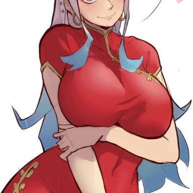 one piece, yamato (one piece), foonie xd, 1girls, big breasts, blue hair, chinese clothes, chinese dress, earrings, female, female only, horns, looking at viewer, multicolored hair, ponytail