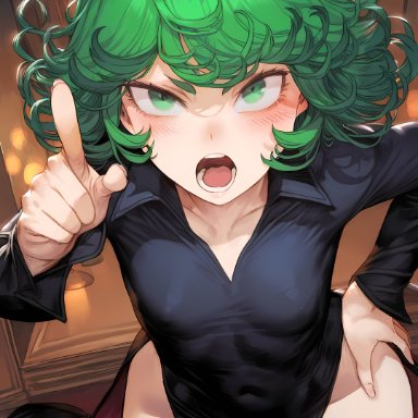 one-punch man, shounen jump, tatsumaki, 1girls, angry, breasts, curly hair, curvaceous, curvy, female, green eyes, green hair, hand on hip, hips, looking at viewer