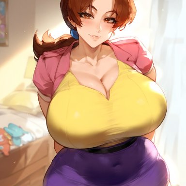 pokemon, delia ketchum (pokemon), creamy ai, brown eyes, brown hair, cleavage, curvy, huge breasts, long hair, pencil skirt, thick thighs, wide hips, ai generated, patreon username