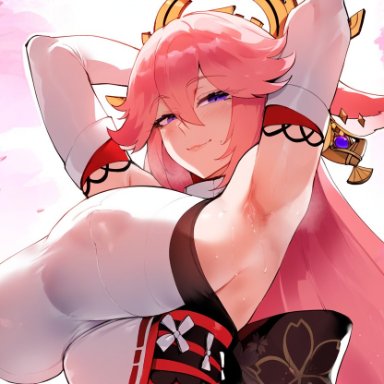 genshin impact, yae miko, henrik n, arms behind head, fox ears, fox girl, huge breasts, light-skinned female, naughty face, nipple bulge, nipples visible through clothing, pale-skinned female, solo, suggestive, teasing