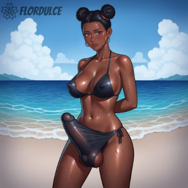 flordulce, balls, beach, bikini, black bikini, black hair, brown eyes, covered penis, dark skin, dark-skinned futanari, double bun, erect penis, erection, erection under clothes, erection under clothing