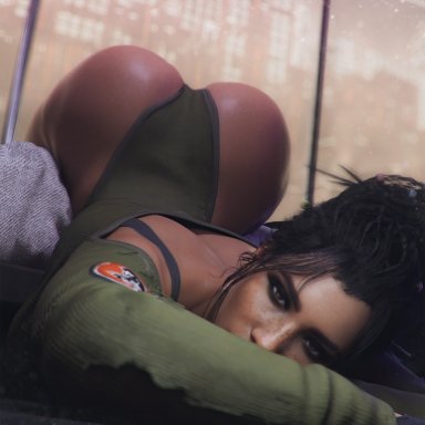 cyberpunk 2077, panam palmer, milapone, 1girls, ass, ass focus, ass up, big ass, brown hair, dark skin, dark-skinned female, female, female only, large ass, solo