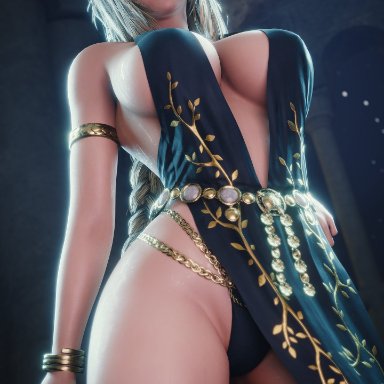 elden ring, queen marika the eternal, bloo3d, 1girls, arm bracelet, belt, big breasts, big eyelashes, blonde hair, bracelet, braided hair, braided ponytail, braless, busty, busty female