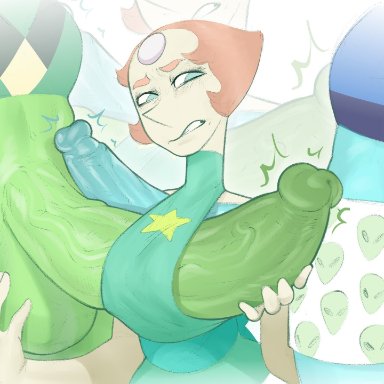 steven universe, lapis lazuli (steven universe), pearl (steven universe), peridot (steven universe), mr fuga, 1girls, 2futas, balls, blonde hair, blue body, blue skin, breasts, clothed, clothing, erection