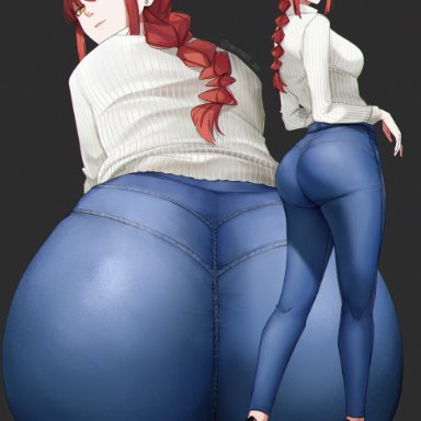 chainsaw man, makima (chainsaw man), inkspirate, big ass, big breasts, big butt, black shoes, earring, high heels, light-skinned female, long legs, looking at viewer, looking back, red hair, shirt