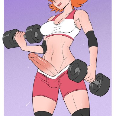 rooster teeth, rwby, nora valkyrie, alanscampos, 1futa, balls, balls in shorts, big breasts, big penis, breasts, clothed, clothing, dumbbell, erection, futa only
