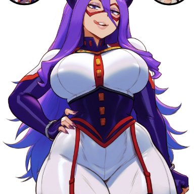 my hero academia, midnight (my hero academia), mount lady, krystalizedart, colored nails, dominatrix, from below, fusion, fusion character, gloves, hand on hip, horns, large breasts, light purple hair, looking at viewer