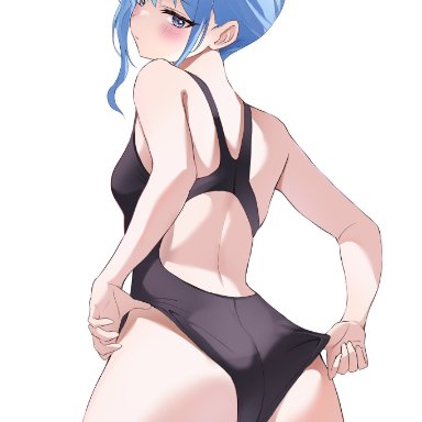 hololive, hololive japan, hoshimachi suisei, fawny, 1girls, ass, bare arms, bare ass, bare back, bare legs, bare shoulders, bare skin, bare thighs, black swimsuit, black swimwear