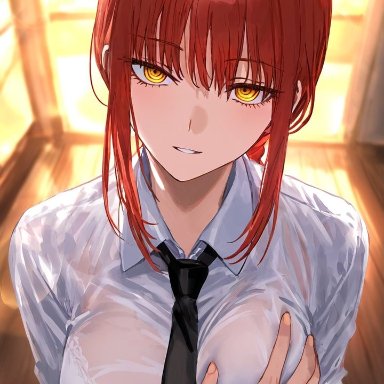 chainsaw man, makima (chainsaw man), 1girls, breast grab, breasts, eye contact, female, groping, holding, holding breast, holding hands, looking at viewer, necktie, pov, pov eye contact