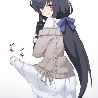 copyright request, ui (blue archive), haoko-san, 1futa, back view, big penis, black hair, blush, blushing, book, breasts, bulge, bulge through clothing, clothed, clothes