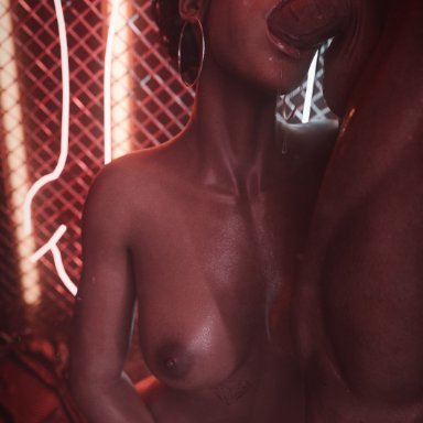 cyberpunk 2077, panam palmer, ferdinand (artist), 1boy, 1girl1boy, 1girls, blowjob, breasts, fellatio, female focus, neon lights, nude female, nude male, penis in mouth, 3d
