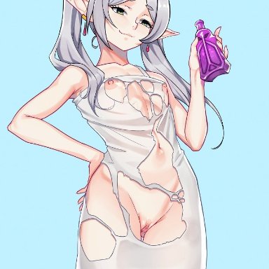 sousou no frieren, frieren, vekneim, bottle, breasts, clothing damage, pussy, torn clothes, tagme