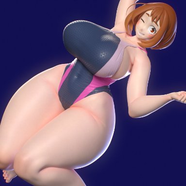 boku no hero academia, my hero academia, ochako uraraka, usukeninja, big breasts, blue background, bottom heavy, gigantic breasts, gigantic thighs, long legs, massive thighs, navel, one eye closed, one-piece swimsuit, simple background