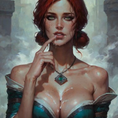 the witcher (series), the witcher 3: wild hunt, triss merigold, philon, 1girls, after fellatio, bare shoulders, breasts, cleavage, collarbone, cum, cum in mouth, cum on body, cum on breasts, double bun