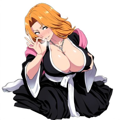 bleach, matsumoto rangiku, csmite, 1girls, barefoot, belt, big breasts, blue eyes, blush, blush lines, breast grab, breasts, breasts bigger than head, busty, chain necklace